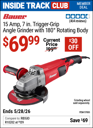 www.hfqpdb.com - BAUER 15 AMP, 7 IN. TRIGGER-GRIP ANGLE GRINDER WITH 180&deg; ROTATING BODY Lot No. 57003