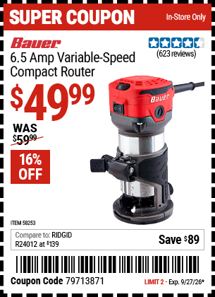 www.hfqpdb.com - BAUER 6.5 AMP VARIABLE-SPEED COMPACT ROUTER Lot No. 58253