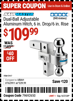 www.hfqpdb.com - HAUL-MASTER 2-BALL ADJUSTABLE ALUMINUM HITCH, 6 IN. DROP/6 IN. RISE Lot No. 57417