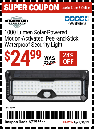 Harbor Freight BUNKER HILL SECURITY 1000 LUMEN SOLAR-POWERED, MOTION-ACTIVATED, PEEL-AND-STICK, WATERPROOF SECURITY LIGHT coupon