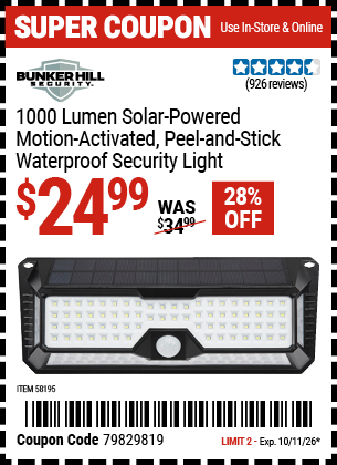 Harbor Freight BUNKER HILL SECURITY 1000 LUMEN SOLAR-POWERED, MOTION-ACTIVATED, PEEL-AND-STICK, WATERPROOF SECURITY LIGHT coupon