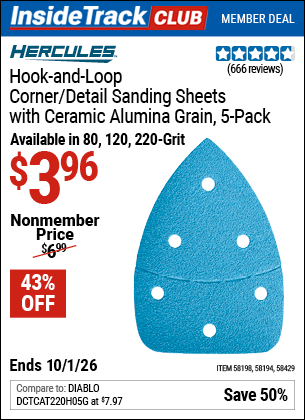 www.hfqpdb.com - HERCULES HOOK-AND-LOOP CORNER/DETAIL SANDING SHEETS WITH CERAMIC ALUMINA GRAIN, 5-PACK Lot No. 58429/58198/58194