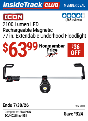 Harbor Freight ICON 2100 LUMEN LED RECHARGEABLE MAGNETIC 77 IN. EXTENDABLE UNDERHOOD FLOODLIGHT coupon