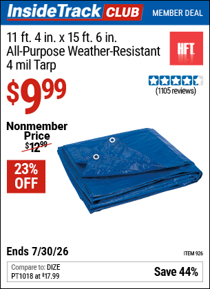 www.hfqpdb.com - HFT 11 FT. 4 IN. X 15 FT. 6 IN. BLUE ALL-PURPOSE WEATHER-RESISTANT 4 MIL TARP Lot No. 926