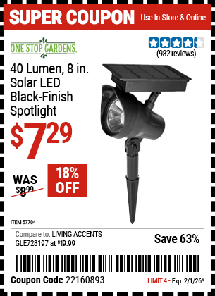 Harbor Freight ONE STOP GARDENS 40 LUMEN, 8 IN. SOLAR LED BLACK-FINISH SPOTLIGHT coupon