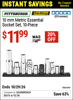 www.hfqpdb.com - PITTSBURGH 10 MM METRIC ESSENTIAL SOCKET SET, 10-PIECE Lot No. 58957