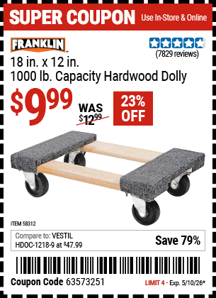 www.hfqpdb.com - FRANKLIN 18 IN. X 12 IN., 1000 LB. CAPACITY HARDWOOD DOLLY Lot No. 63098/93886/61899/63098/57031/56185/57575/57576/61303/58957/58089