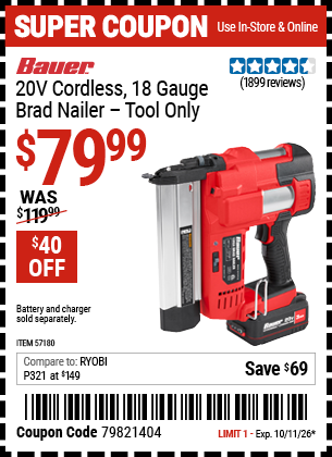 Harbor Freight BAUER 20V CORDLESS, 18 GAUGE BRAD NAILER - TOOL ONLY coupon