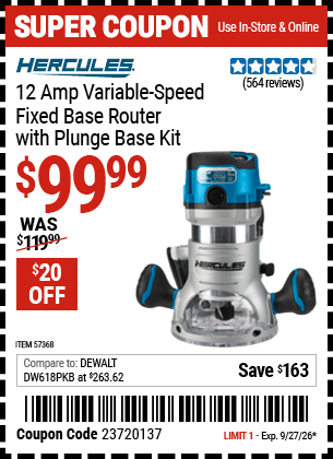 www.hfqpdb.com - HERCULES 12 AMP VARIABLE-SPEED FIXED BASE ROUTER WITH PLUNGE BASE KIT Lot No. 57368