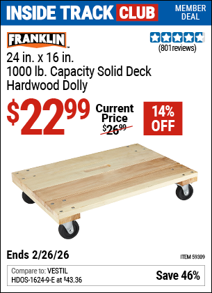 www.hfqpdb.com - FRANKLIN 24 IN. X 16 IN., 1000 LB. CAPACITY SOLID DECK HARDWOOD DOLLY Lot No. 59309