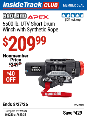 www.hfqpdb.com - BADLAND APEX 5500 LB. UTV SHORT-DRUM WINCH WITH SYNTHETIC ROPE Lot No. 57206