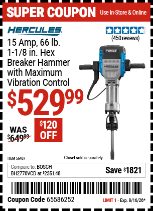 www.hfqpdb.com - HERCULES 15 AMP, 66 LB., 1-1/8 IN. HEX BREAKER HAMMER WITH MAXIMUM VIBRATION CONTROL Lot No. 56407