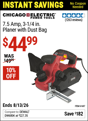 www.hfqpdb.com - CHICAGO ELECTRIC POWER TOOLS7.5 AMP 3-1/4 IN. PLANER WITH DUST BAG Lot No. 61687