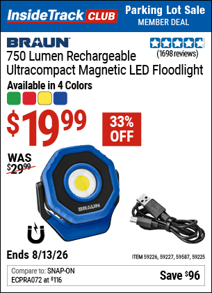 www.hfqpdb.com - BRAUN 750 LUMEN RECHARGEABLE ULTRACOMPACT MAGNETIC LED FLOODLIGHT Lot No. 59225/59226/59227/59587