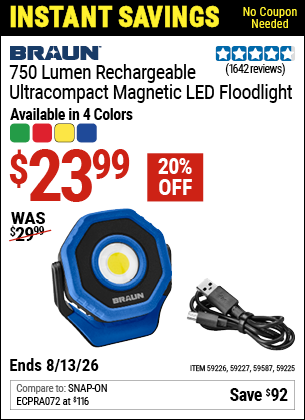 www.hfqpdb.com - BRAUN 750 LUMEN RECHARGEABLE ULTRACOMPACT MAGNETIC LED FLOODLIGHT Lot No. 59225/59226/59227/59587