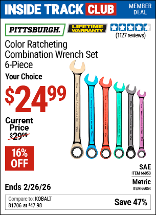 Harbor Freight PITTSBURGH COLOR RATCHETING COMBINATION WRENCH SET, 6-PIECE coupon