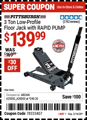 www.hfqpdb.com - PITTSBURGH 3 TON LOW-PROFILE FLOOR JACK WITH RAPID PUMP, SLATE GRAY Lot No. 70482