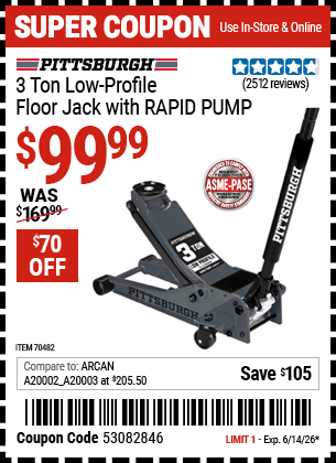 Harbor Freight PITTSBURGH 3 TON LOW-PROFILE FLOOR JACK WITH RAPID PUMP, SLATE GRAY coupon