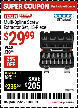 www.hfqpdb.com - ICON MULTI-SPLINE SCREW EXTRACTOR SET, 15 PIECE Lot No. 59194