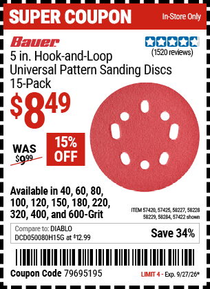 www.hfqpdb.com - BAUER 5 IN. HOOK-AND-LOOP UNIVERSAL PATTERN SANDING DISCS, 15-PACK Lot No. 57419/57420/57422/57424/57425/57461/57482/58227/58228/58229/58284