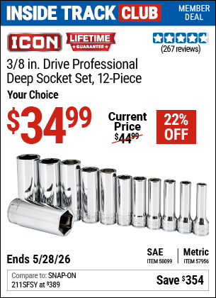 www.hfqpdb.com - ICON 3/8 IN. DRIVE PROFESSIONAL DEEP SOCKET SET, 12-PIECE Lot No. 58099/57956