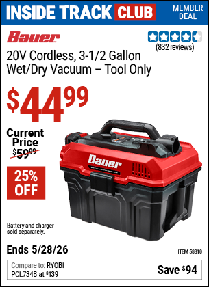 www.hfqpdb.com - BAUER 20V CORDLESS, 3-1/2 GALLON WET/DRY VACUUM &ndash; TOOL ONLY Lot No. 58310