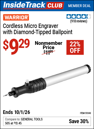 Harbor Freight WARRIOR CORDLESS MICRO ENGRAVER WITH DIAMOND-TIPPED BALLPOINT coupon
