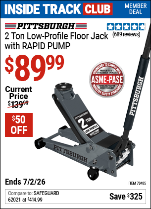 Harbor Freight PITTSBURGH 2 TON LOW-PROFILE FLOOR JACK WITH RAPID PUMP, SLATE GRAY coupon
