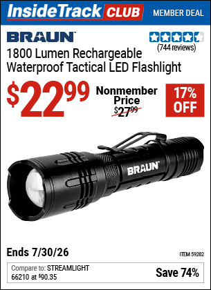www.hfqpdb.com - BRAUN 1800 LUMEN RECHARGEABLE WATERPROOF TACTICAL LED FLASHLIGHT Lot No. 59282