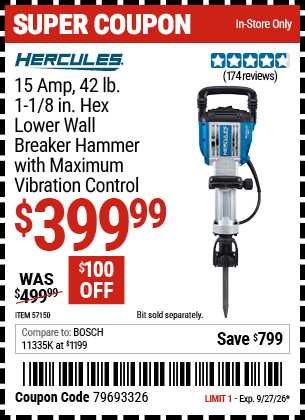 www.hfqpdb.com - HERCULES 15 AMP, 42 LB., 1-1/8 IN. HEX LOWER WALL BREAKER HAMMER WITH MAXIMUM VIBRATION CONTROL Lot No. 57150