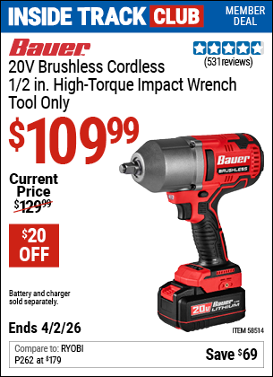 Harbor Freight BAUER 20V BRUSHLESS CORDLESS, 1/2 IN. HIGH-TORQUE IMPACT WRENCH coupon