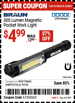 www.hfqpdb.com - BRAUN 300 LUMEN MAGNETIC POCKET WORK LIGHT Lot No. 59493