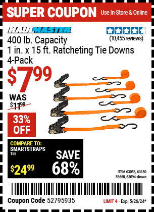 www.hfqpdb.com - HAULMASTER 400 LB. CAPACITY 1 IN. X 15 FT. RATCHETING TIE DOWNS 4-PACK Lot No. 63056, 63150, 56668, 63094