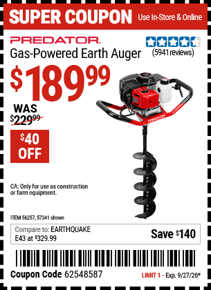 www.hfqpdb.com - PREDATOR GAS-POWERED EARTH AUGER Lot No. 63022/56257/57341