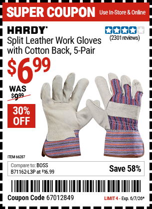 www.hfqpdb.com - HARDY SPLIT LEATHER WORK GLOVES WITH COTTON BACK, 5-PAIR Lot No. 62714