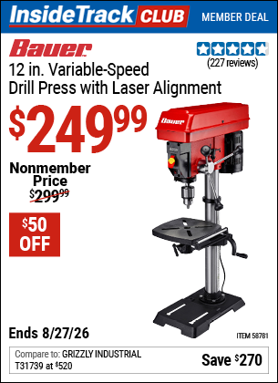 www.hfqpdb.com - BAUER 12 IN. VARIABLE-SPEED DRILL PRESS WITH LASER ALIGNMENT Lot No. 58781