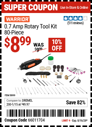 www.hfqpdb.com - WARRIOR 0.7 AMP ROTARY TOOL KIT, 80-PIECE Lot No. 58999