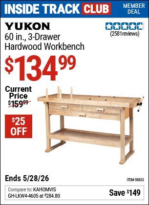 www.hfqpdb.com - YUKON 60 IN., 3-DRAWER HARDWOOD WORKBENCH Lot No. 58832