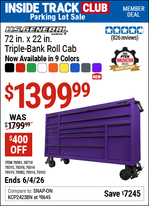 Harbor Freight U.S. GENERAL 72 IN. X 22 IN. TRIPLE-BANK ROLL CAB, SERIES 3 coupon