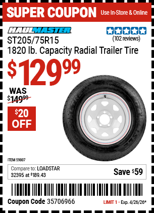 www.hfqpdb.com - HAUL-MASTER ST205/75R15, 1820 LB. CAPACITY RADIAL TRAILER TIRE Lot No. 59807