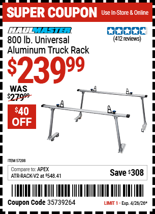 www.hfqpdb.com - HAUL-MASTER 800 LB. UNIVERSAL ALUMINUM TRUCK RACK Lot No. 57208