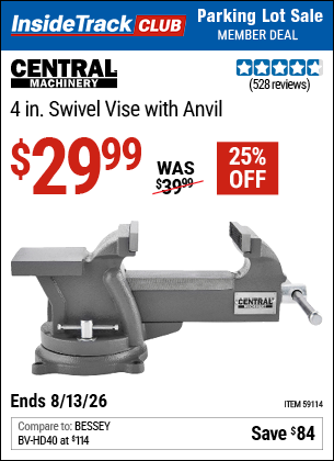 www.hfqpdb.com - CENTRAL MACHINERY 4 IN. SWIVEL VISE WITH ANVIL Lot No. 59114