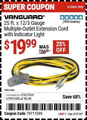www.hfqpdb.com - VANGUARD 25 FT. X 12/3 GAUGE MULTIPLE OUTLET EXTENSION CORD WITH INDICATOR LIGHT, YELLOW, BLACK Lot No. 62906