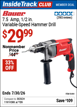 www.hfqpdb.com - BAUER 7.5 AMP, 1/2 IN. VARIABLE-SPEED HAMMER DRILL Lot No. 56404/56686