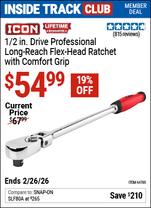 Harbor Freight ICON 1/2 IN. DRIVE PROFESSIONAL LONG-REACH FLEX-HEAD RATCHET WITH COMFORT GRIP coupon