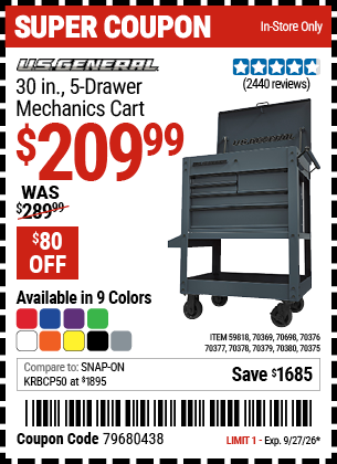 www.hfqpdb.com - U.S. GENERAL 30 IN., 5-DRAWER MECHANICS CART Lot No. 59818/70369/70375/70376/70377/70378/70379/70380/70698