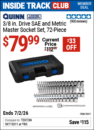 Harbor Freight QUINN 3/8 IN. DRIVE SAE AND METRIC MASTER SOCKET SET, 72-PIECE coupon