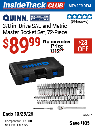Harbor Freight QUINN 3/8 IN. DRIVE SAE AND METRIC MASTER SOCKET SET, 72-PIECE coupon