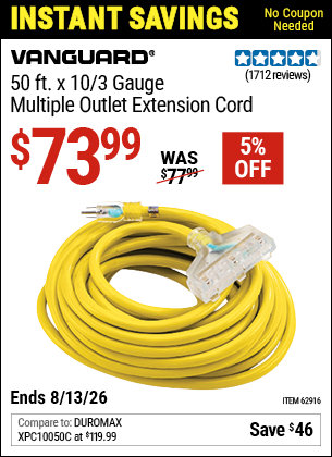 www.hfqpdb.com - VANGUARD 50 FT. X 10/3 GAUGE MULTIPLE OUTLET EXTENSION CORD, YELLOW Lot No. 62916