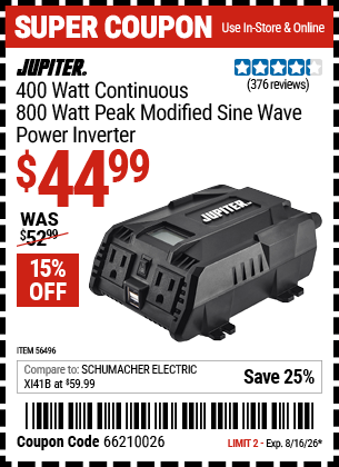 www.hfqpdb.com - JUPITER 400 WATT CONTINUOUS/800 WATT PEAK MODIFIED SINE WAVE POWER INVERTER Lot No. 56496